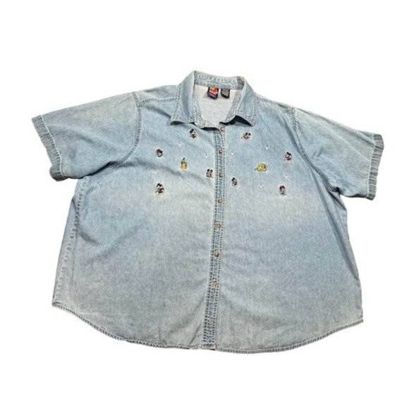 Vintage Disney Embroidered Minnie Mickey Pluto Button Denim Shirt Plus 26/28 W - Picture 1 of 8